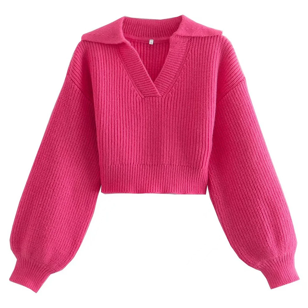 

Woen Fashion Cropped Knit Sweater Vintage Lapel Collar Long Sleeve Feale Pullovers Chic Tops