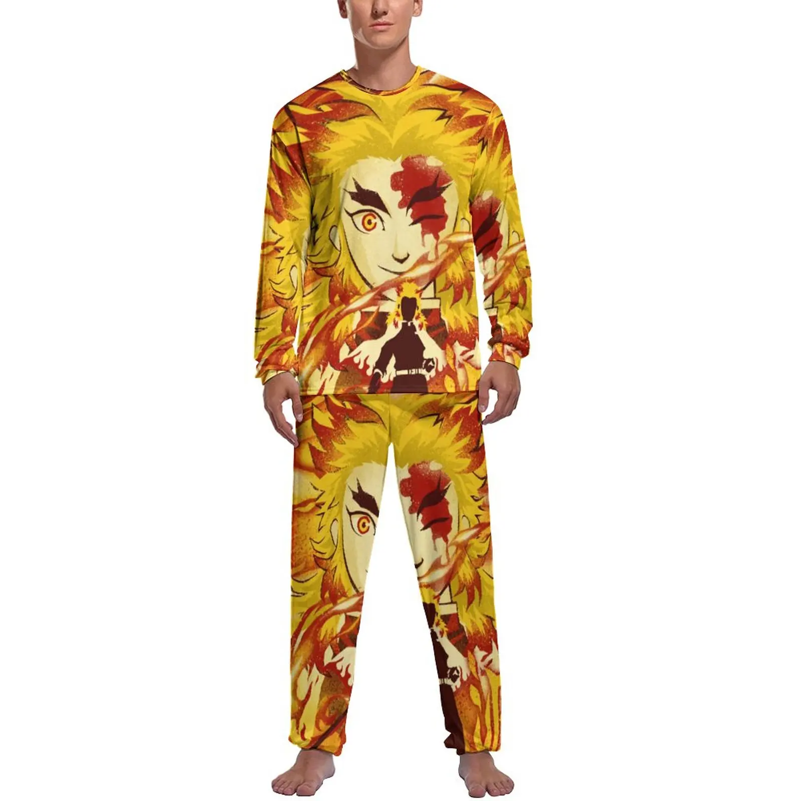 

Demon Slayer Anime Pajamas Attack of The Flame Male Long-Sleeve Elegant Pajama Sets Two Piece Night Spring Print Nightwear Gift