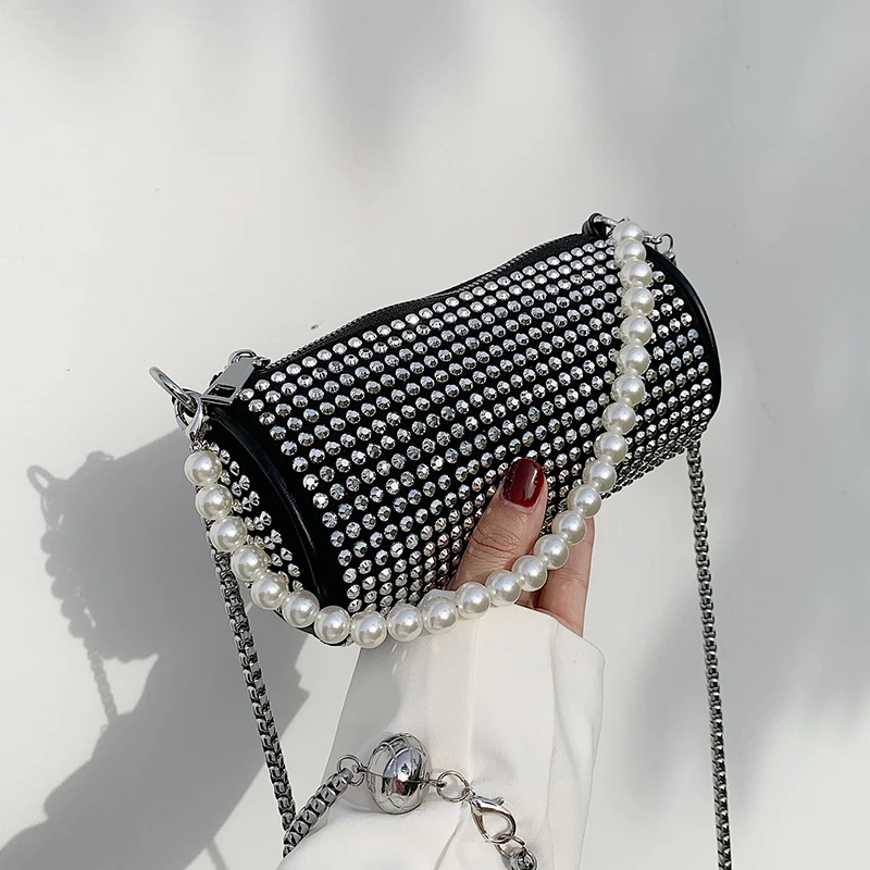 

Popular bright diamond bag women's summer versatile 2022 new fashion chain messenger bag pearl portable cylinder bag