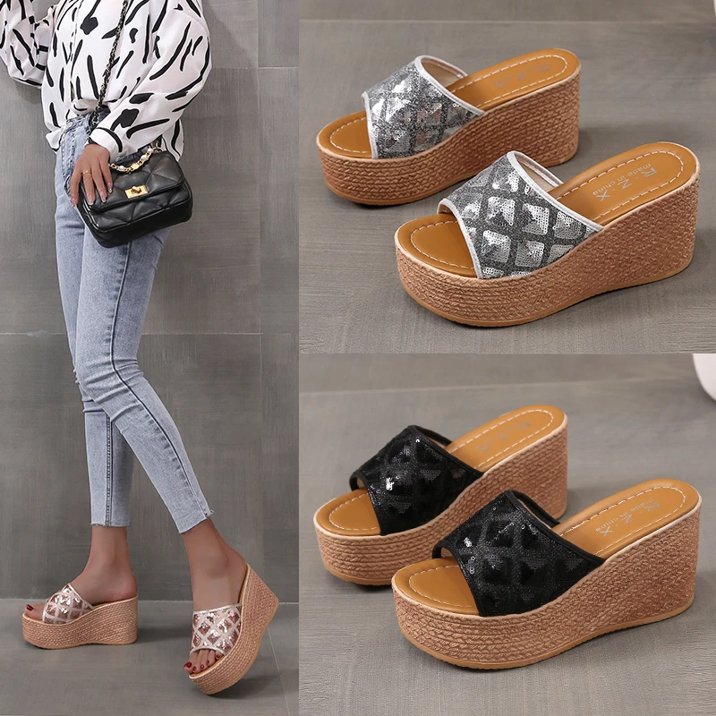 

2022 Summer British with Sequined Slippers with Roman Slippers Fashionable Thick Bottom Wedge Heel Raised Sandals Women Bling