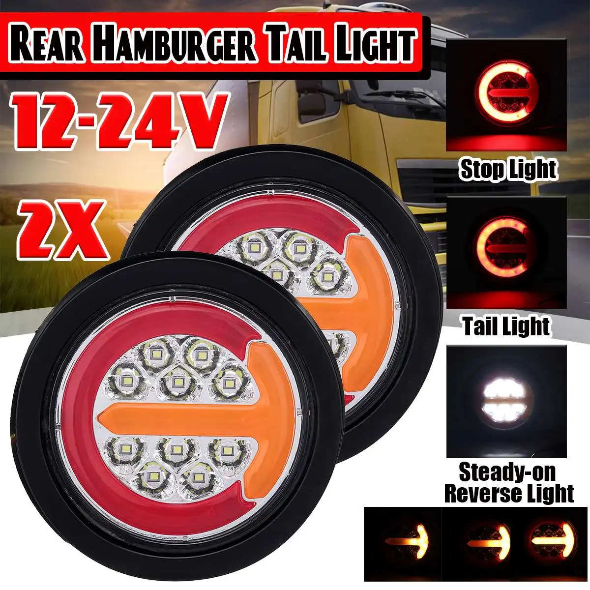 

2pcs LED 12-24V Truck Rear Light 4/5" Car Trailer Lorry RV Bus 4in1 Dynamic Tail Trun Signal Reverse Lamp Brake Stop Taillight