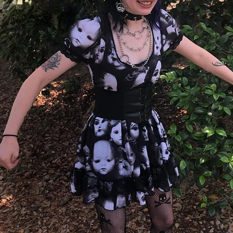 

Женское короткое платье с коротким рукавом Goth Skull Printing Harajuku