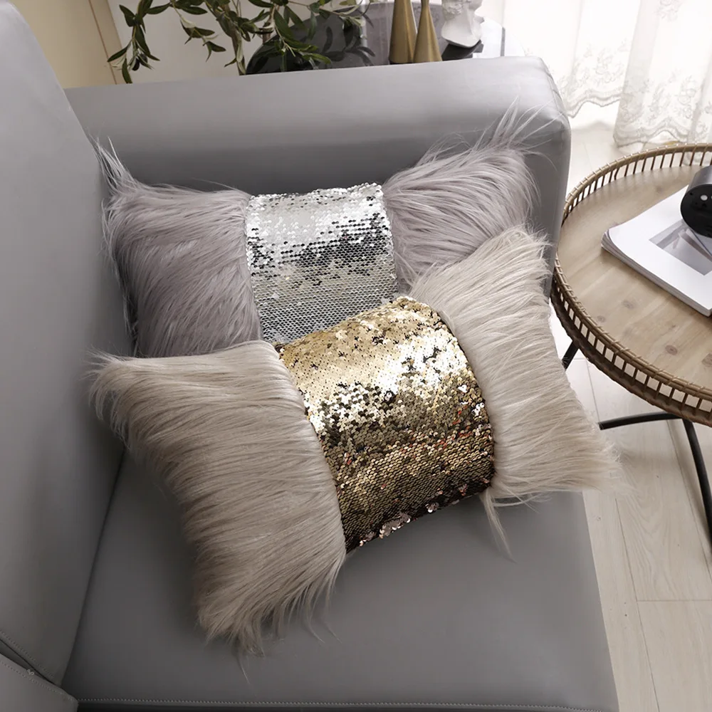 

For Luxury Decor Pillow Fur Cushion Cover For Silver Gold Cover Sequins Livingroom Decorative Sequin Sofa 30x50cm Pillowcase