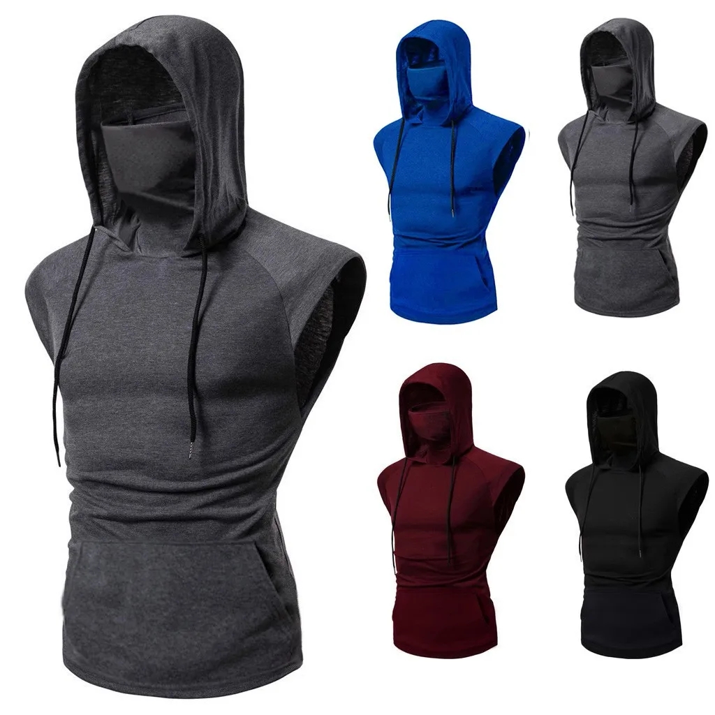 

Fashion Mens Solid Colors Sleeveless Mask Button Sports Vest Hooded Splice Large Size Open-Forked Male Vest Fitness Tank Tops