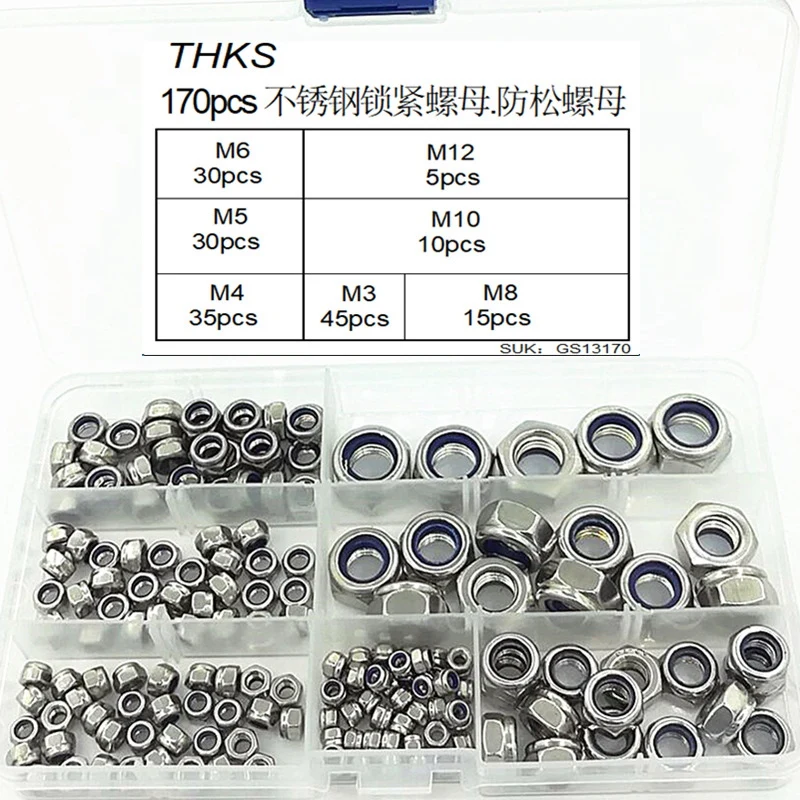 

170Pcs 7 Sizes 304 Stainless Steel Nylon Lock Nut Assortment Kit M3 M4 M5 M6 M8 M10 M12 Nylon Insert Locknut