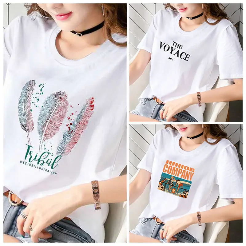 

Женская футболка с коротким рукавом и круглым вырезом, белая Повседневная универсальная свободная футболка с простым рисунком для студент...