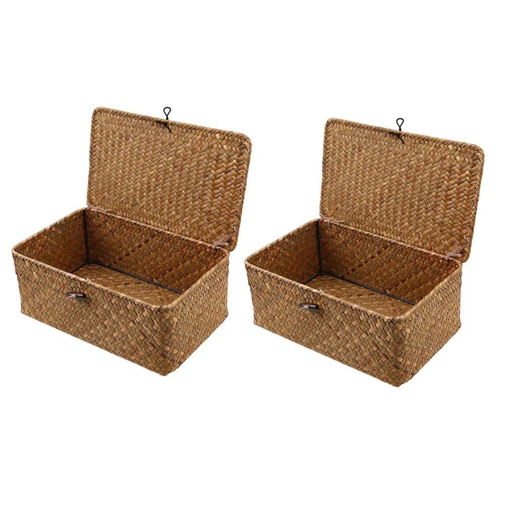 

2pcs Woven Box Organizer Desk Organizer Basket Decorative Storage Boxes Basket with Lid Rustic Storage Baskets