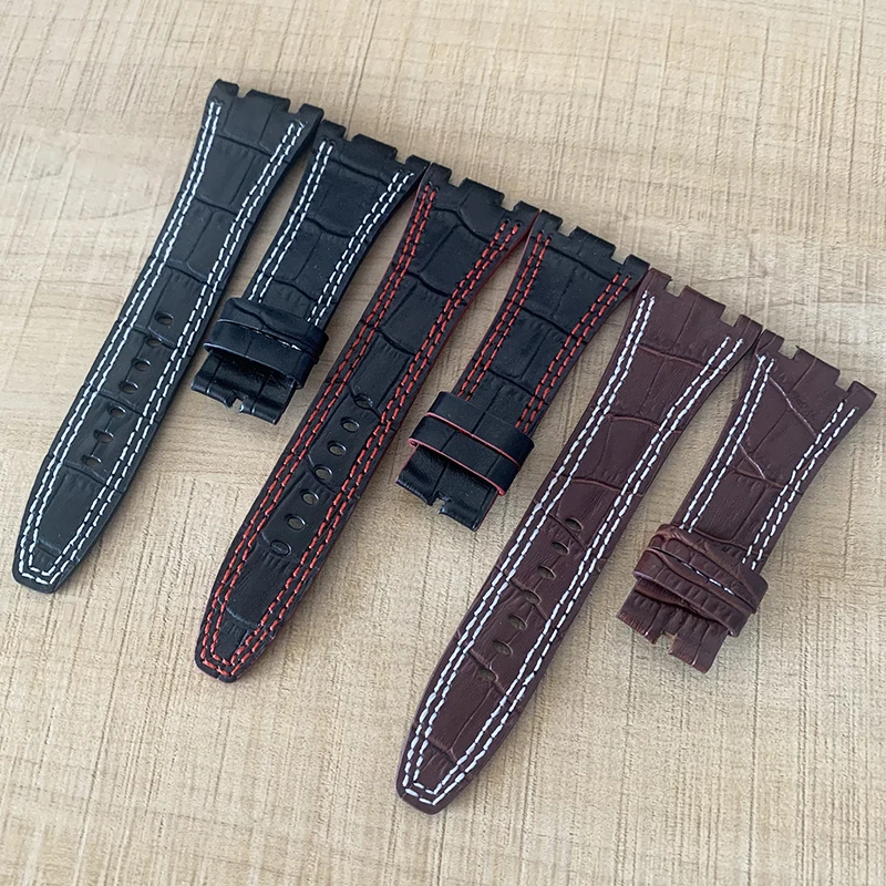 

Watch Accessories Genuine Leather Double Line Strap For AP 15703 26470SO Royal Oak Offshore 28mm Men's Sports Watch Band