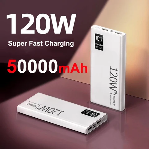 Power Bank 50000 мАч с USB C PD 120 Вт Быстрая зарядка Powerbank Внешний аккумулятор для iPhone Huawei Xiaomi Samsung Poverbank
