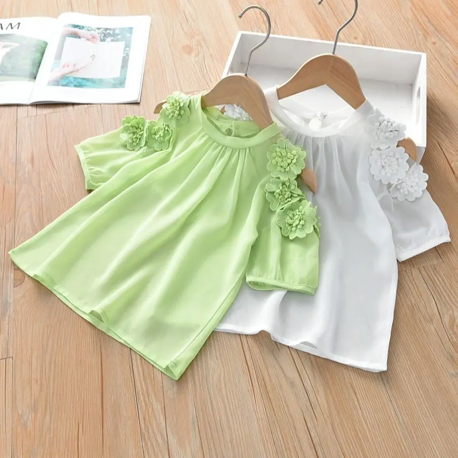 

Kids Girls Chiffon Blouses Applique White Green 2021 Children Princess Summer Tops Korean Style Cute Blouses Shirts For 4-13Y