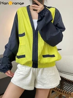 hanorange 2022 summer retro contrast color v neck jacket women loose pockets decorative dry breathable sunscreen outfit