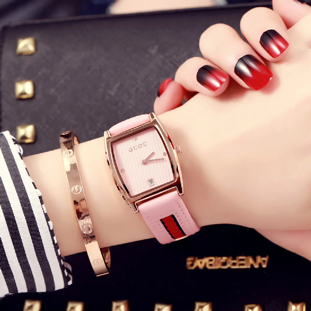 Enlarge 2019 Ultra-thin Lady Watch Guou Top Brand Fashion Square Quartz Watch Waterproof Woman Genuine Leather Wrist Relogio Masculino