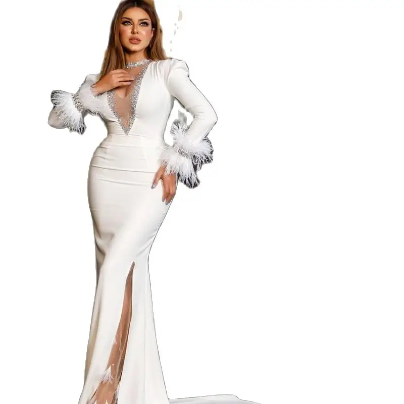 PLEINDI Luxury Evening Dresses V-Neck Mermaid Long Sleeves Floor-Length Chiffon 2022 New of Lace Exquisite Prom Women Dress