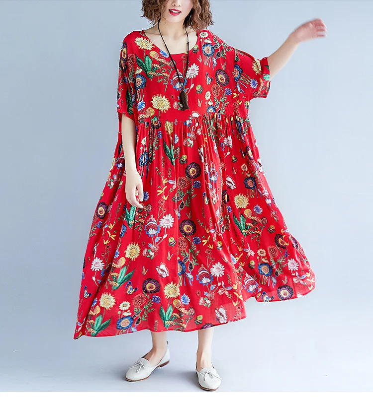 

2023 Oversized Boho Beach Floral Dress Summer Women Cotton Print Ladies Dresses Loose Casual Long Dress Vestidos