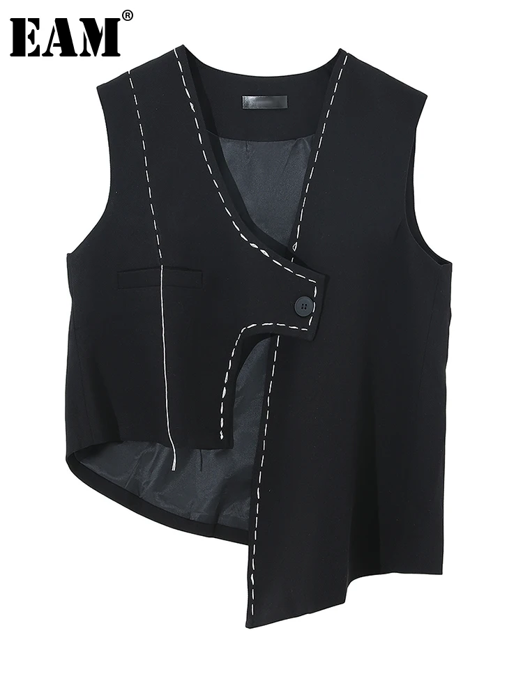 

[EAM] Women Black Topstitched Irregular Casual Irregular Vest New V-collar Sleeveless Fashion Tide Spring Autumn 2023 1DF107201