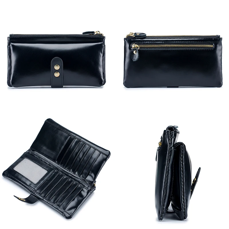 Fashion Luxury Women Wallets Oil Wax Leather Long Zipper Clutch Purse Large Capacity Card Holder Wallet with Phone Pocket Female