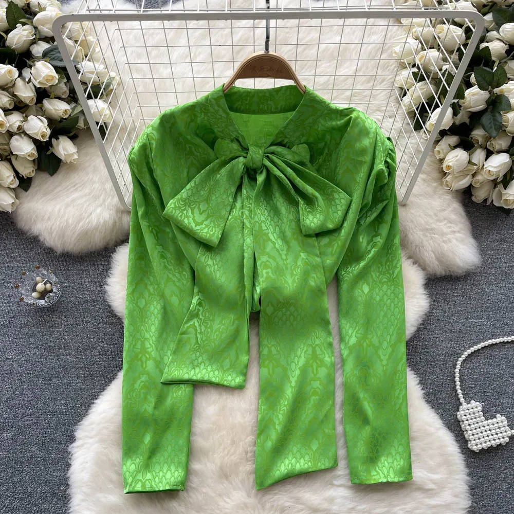 

Новинка весны элегантная рубашка во французском европейском и американском стиле с вышивкой в стиле ретро с бантом и длинными рукавами Женский шикарный топ