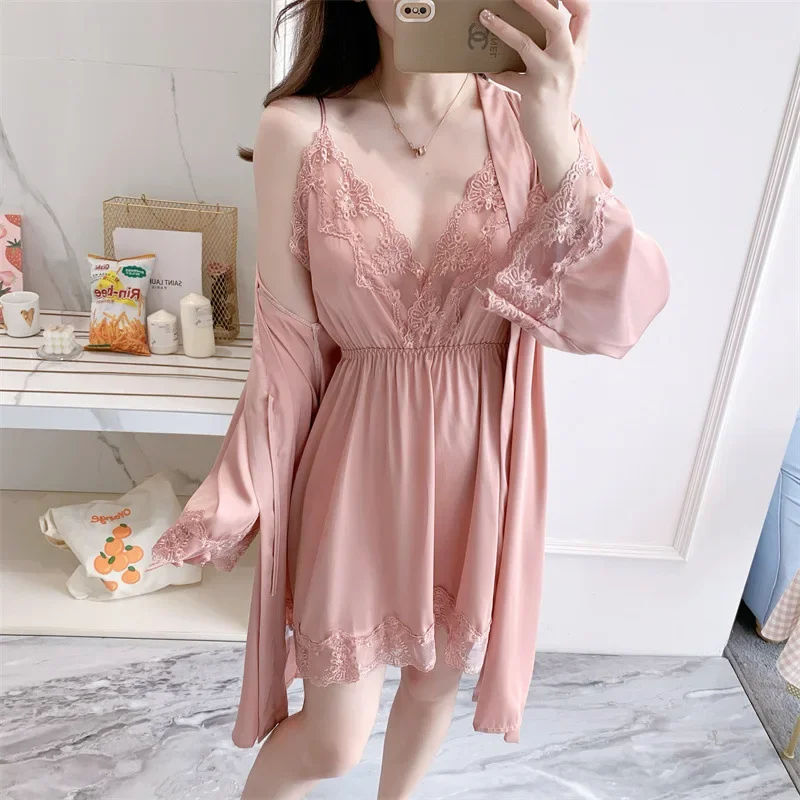 Комплект кружевной ночной рубашки для невесты 2 шт. одежда сна кимоно домашняя