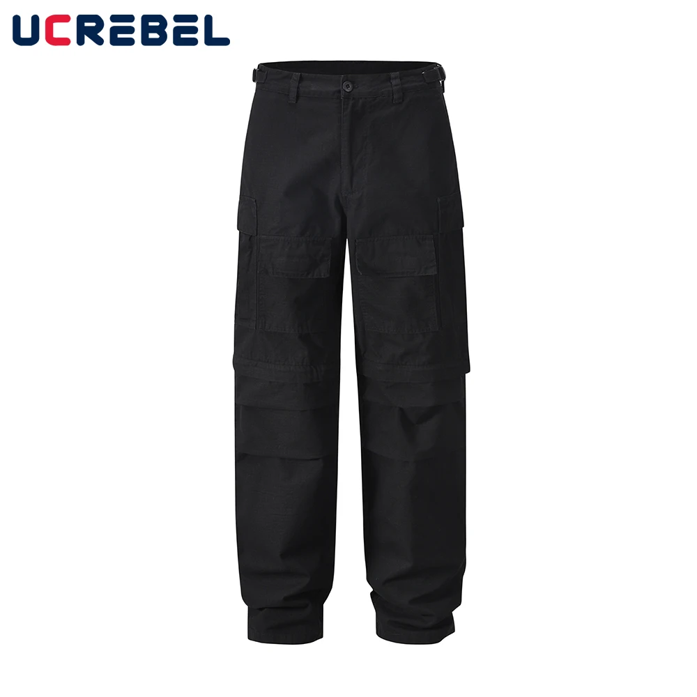 

Multi-Pocket Loose Cargo Pants Mens Safari Style Pleated Casual Solid Color Removable Trousers Men