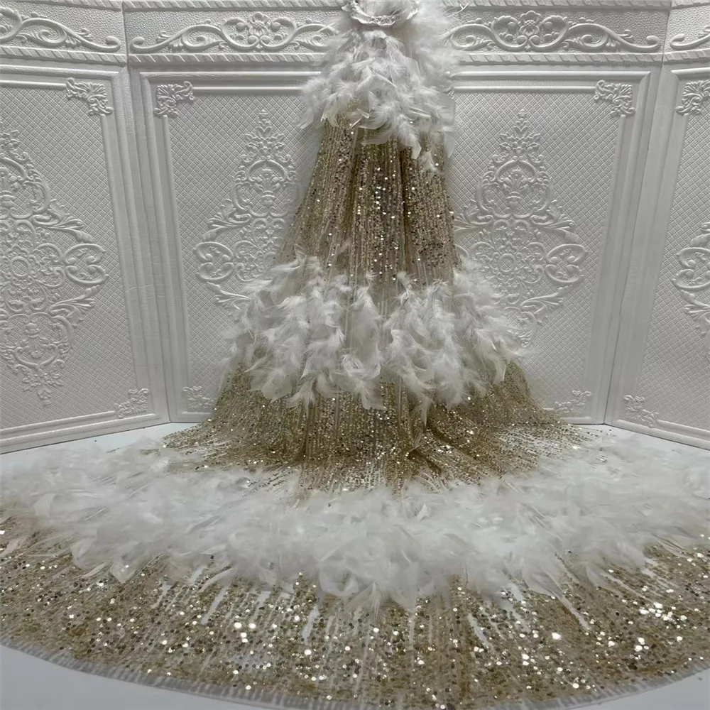 

2021 Handmade feather with beads 3D flowers embroidery fabric French mesh tulle Nigerian lace fabric for Party dresses wedding