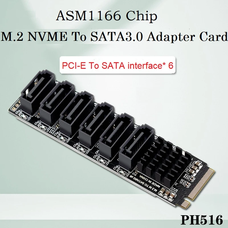 

Плата расширения PCIE-SATA 6Gpbsx6-Port M.2 MKEY PCI-E, карта расширения M.2 NVME на SATA3.0 ASM1166, поддержка функции PM