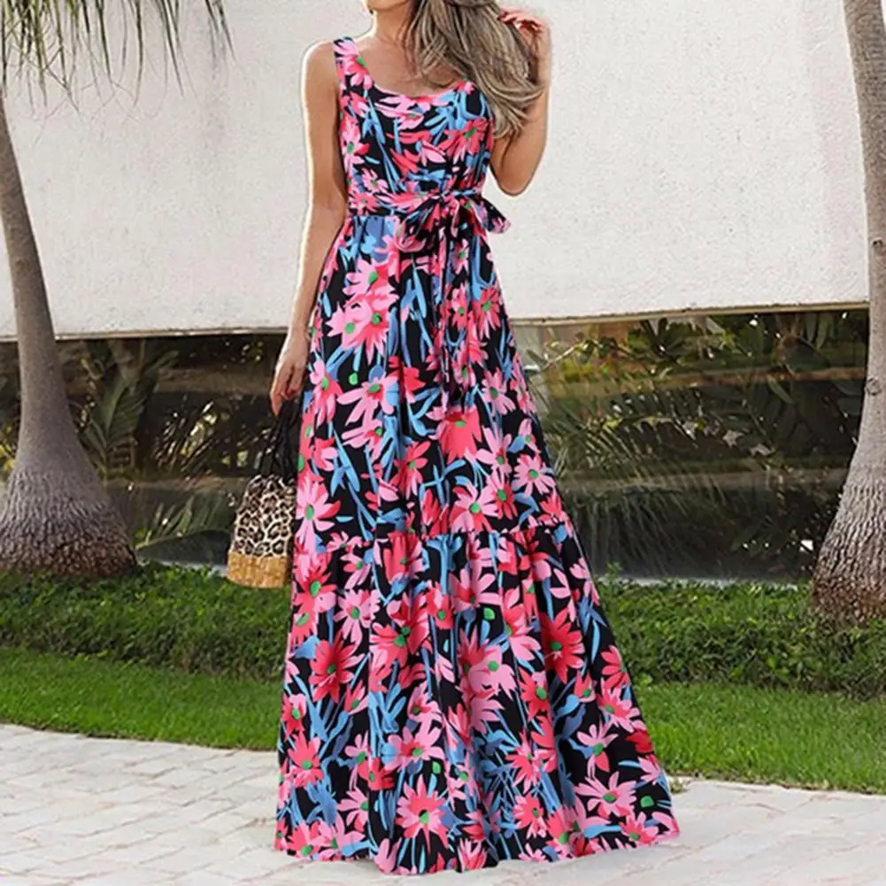 

Women Sleeveless Vest Party Dress O Neck Bohemian Flower Print Tight Waist Lace Up Maxi Dress Beach Dress платье женское летнее