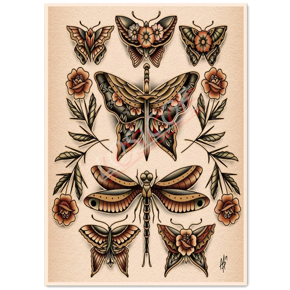 

Butterfly Old School Tattoo Art Picture Wall Hanging Painting Vintage Kraft Posters and Prints Wall Chart Wall Decor Drawing