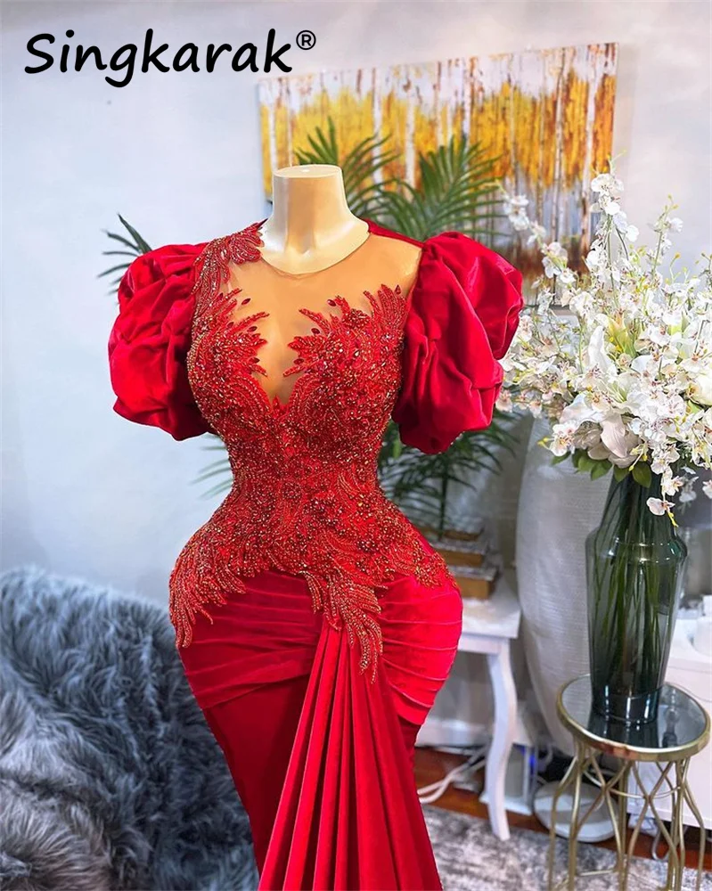

Luxury Velvet African Mermaid Evening Dresses Puffy Sleeves Beaded Appliques Pleats Arabic Prom Gowns Aso Ebi