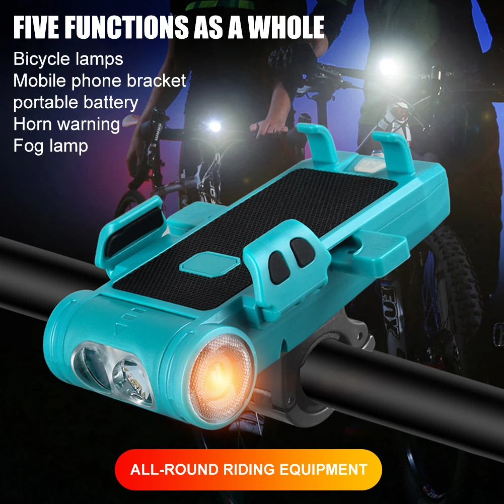 

New 5 In 1 Bike Front Light with Horn Phone Holder Rechargeable Handlebar Phone Mount Power Bank Headlight Fog Lamp Accessories