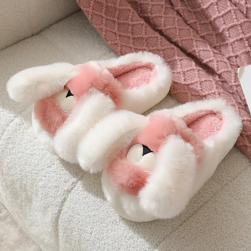 

Home Slippers for Womens Winter Cartoon Dog Faux Fur Shoes Flip Flops Cute Dog Plush Platform Ladies Lint Female Slippers