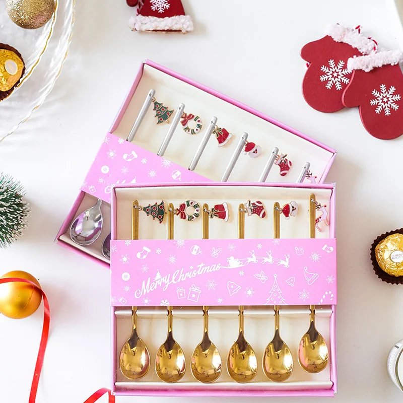 

6Pcs Tea Spoons Coffee Spoons Mixing Scoops Stirring Spoons Tea Spoon Christmas Decoration Gift Box Set Tableware Accessories