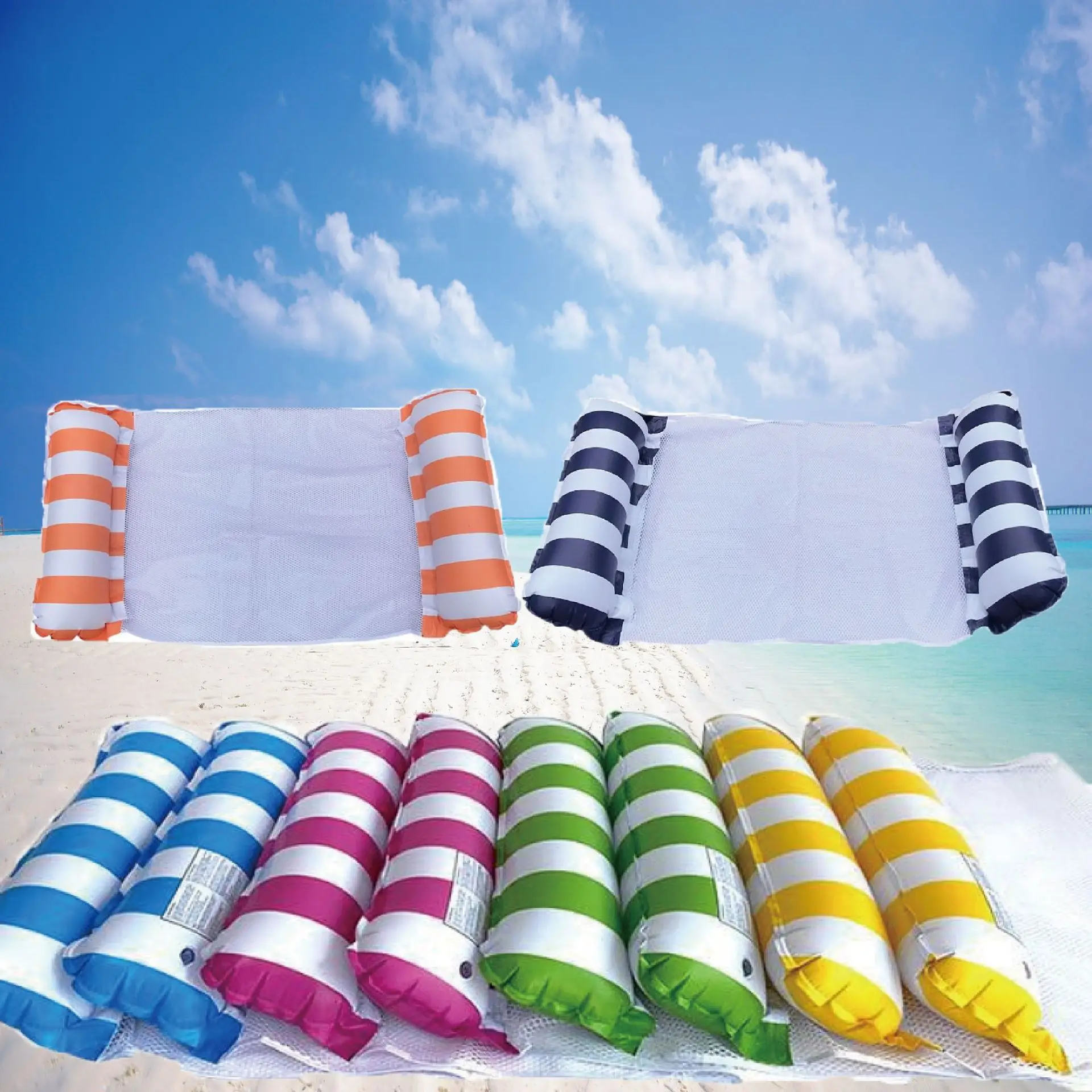 

2022 New Style with Net Inflatable Floating Row PVC Striped Inflatable Hammock Water Inflatable Reclining Chair Foldable Backres