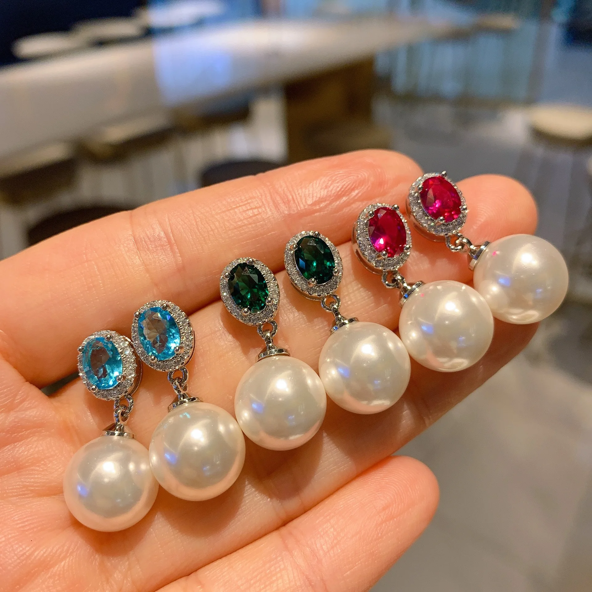 

2022 New Trend 925 Sterling Silver 12mm Pearl Ruby Emerald Aquamarine Gemstone Drop Long Earring Wedding Party Fine Jewelry Gift