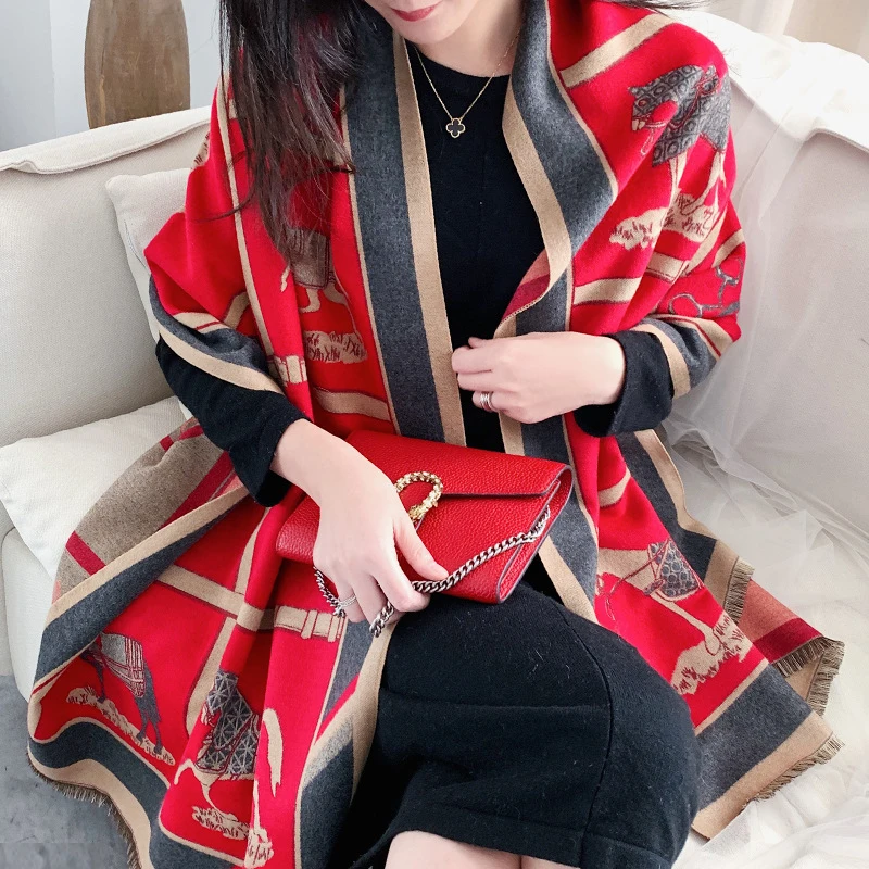 

New Luxury Winter Cashmere Scarf Women 2022 Design Warm Pashmina Blanket Horse Scarves Female Shawl Wraps Thick Foulard Bufanda