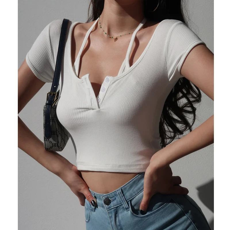 

TVVOVVIN Простая Повседневная стильная Сексуальная короткая футболка с высокой талией женский тонкий топ с коротким рукавом имитация двух час...