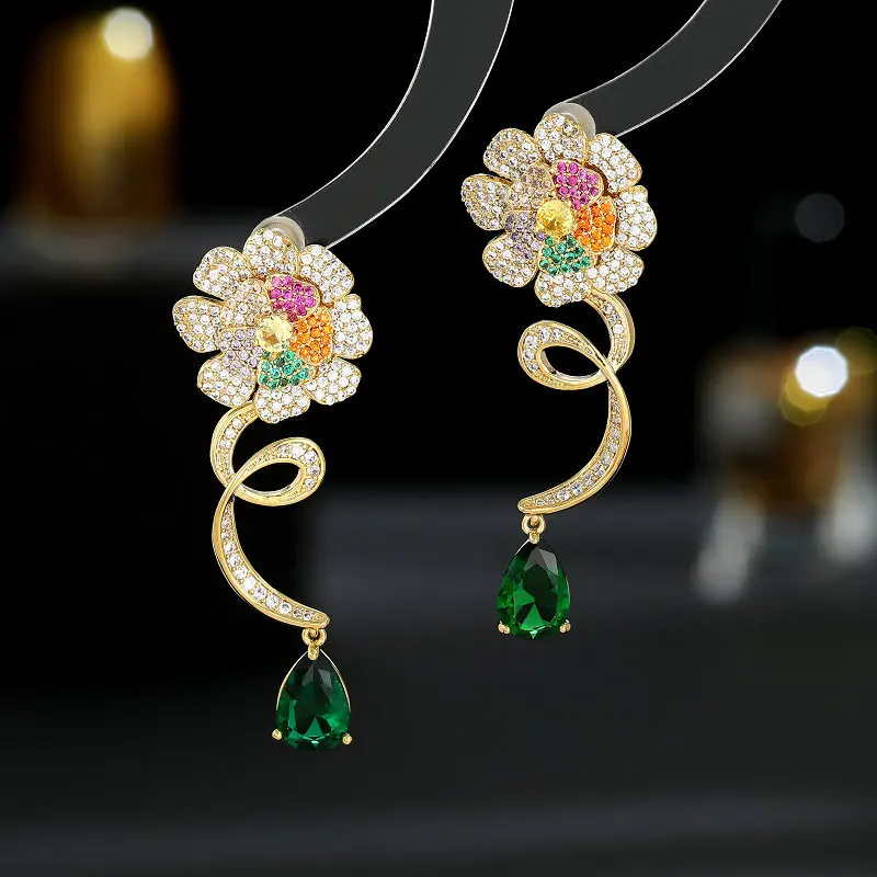 

New Light Luxury Colored Zircon Design Sensual Temperament Water Drop Vine Flower Earrings