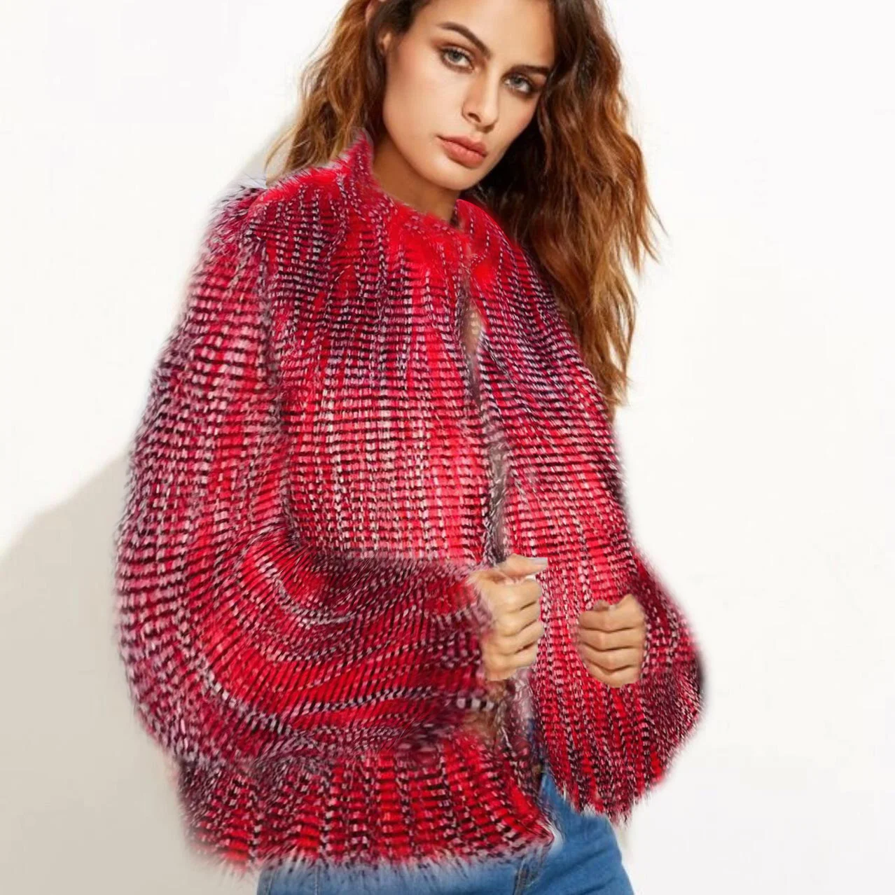 

Fashion Winter Warm Peacock Feather Faux Fur Coats Women Warm Outerwear Tassel Fox Fur Jackets Long Sleeve Thick Tops Cardigan