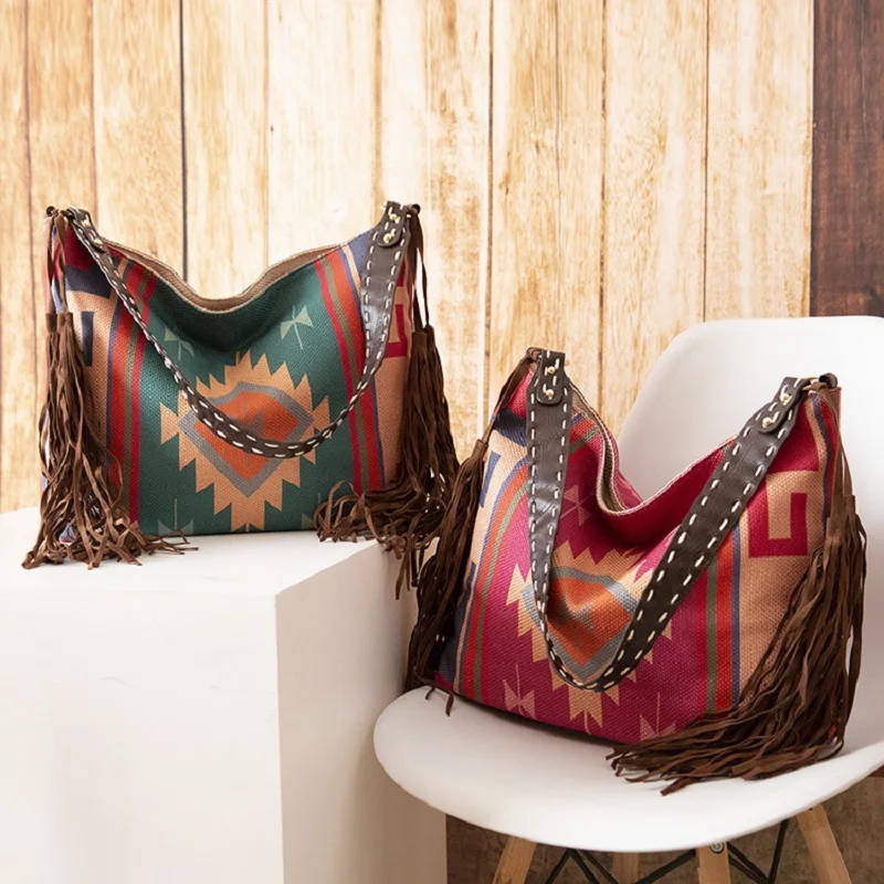 Summer Women's Boho Hand-Woven Print Stitching Vintage Canvas Adjustable One Shoulder Cross-Body Tote Bag