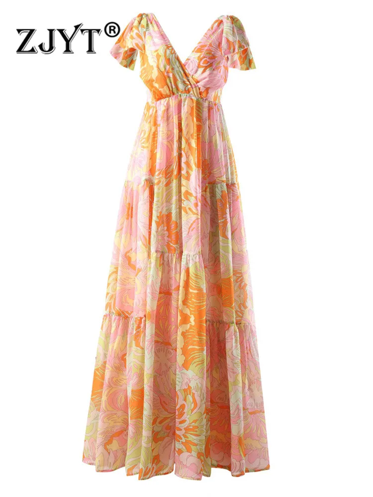 

Летнее шифоновое платье-макси ZJYT с цветочным принтом, с лямкой на шее, без рукавов, с открытой спиной, сексуальное богемное пляжное платье, в...