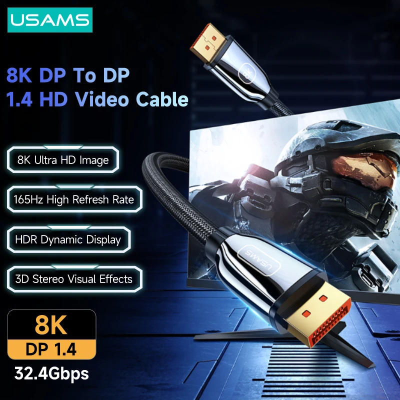 

USAMS U75 2m 3m 8K 165Hz 32.4Gbps DP 1.4 Ultra HD Audio Video Cable Support HDR DSC For TV Displayer Laptop Tablet Projector VR