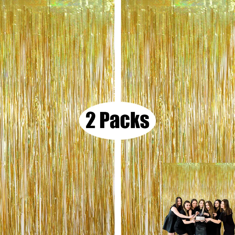 

2Pack Metallic Foil Tinsel Fringe Backdrop Curtains Birthday Wedding Bachelorette Party Decoration Adult Anniversary Photography