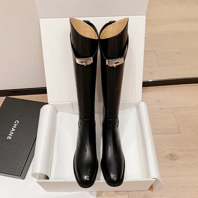 

Женские сапоги до колена MKKHOU, черные сапоги из натуральной кожи с пряжкой, с круглым носком и пряжкой, современные высокие сапоги,