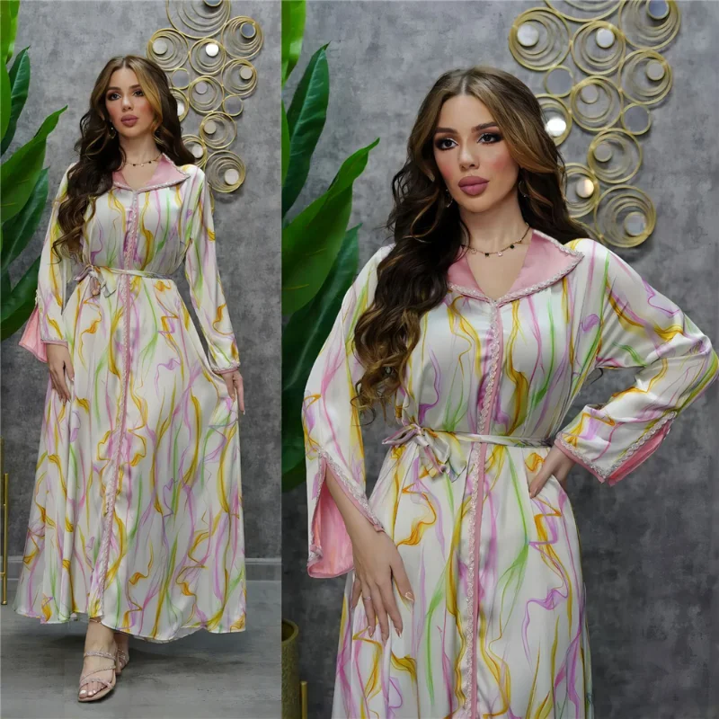 

Dubai Abaya Luxury Muslim Women 2023 Spring Fashion Diamonds Floral Print Long Sleeve Dress Ramadan Arabian Clothing Jilbab Gown