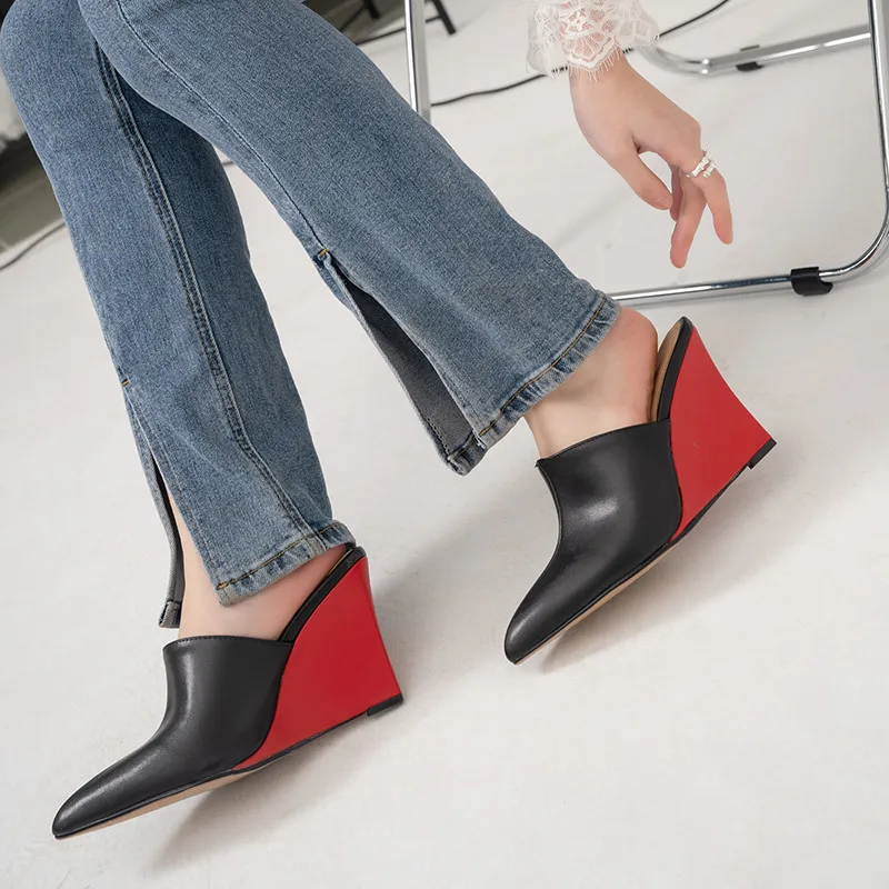 

Dilalula Sexy Fashion Women Sandals Pointed Toe Wedges Heels Mules Spring Summer Slippers Patent Leather Party Shoes Woman Pumps