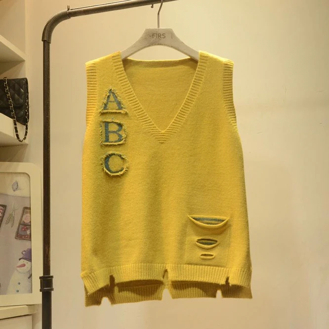 Женский трикотажный жилет с V-образным вырезом красный Свободный буквенным