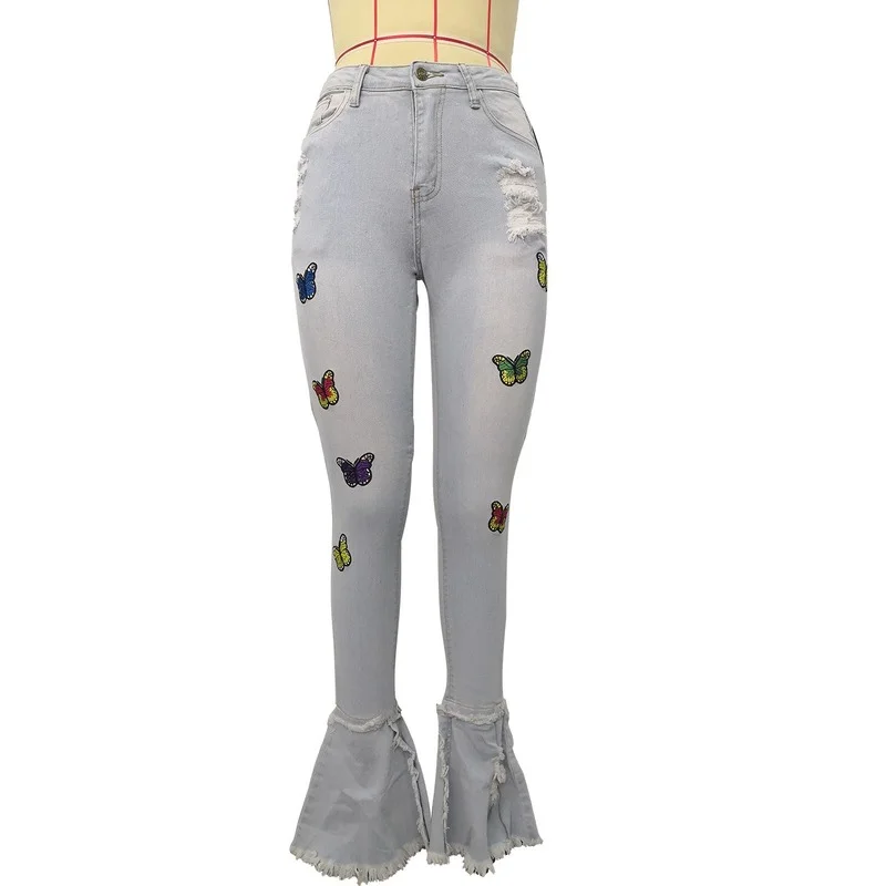 Women High Waist Butterfly Embroidery Denim Pants Skinny Wide Leg Flare Jeans Trousers Ladies Plus Size Casual Bell Bottom Jeans