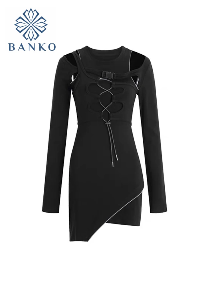 

Women Dresses Slim Hollow Out Sexy Bandage Irregular Mini Bodycon Dress 2022 Spring New Simple Solid Black Chic Female Vestidos