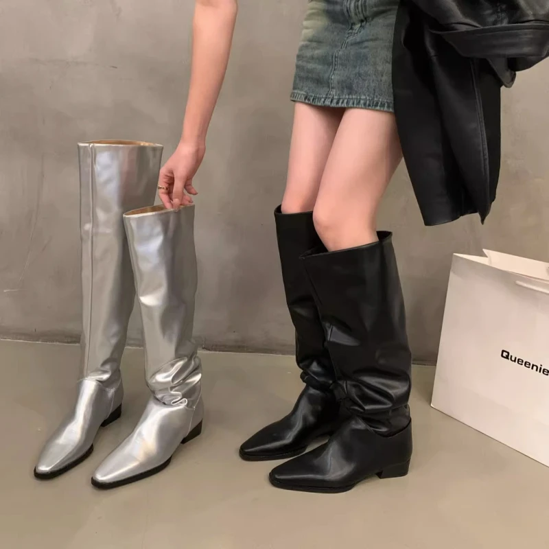 

Женские высокие сапоги, элегантные плиссированные сапоги до колена с острым носком, на низком квадратном каблуке, 2023