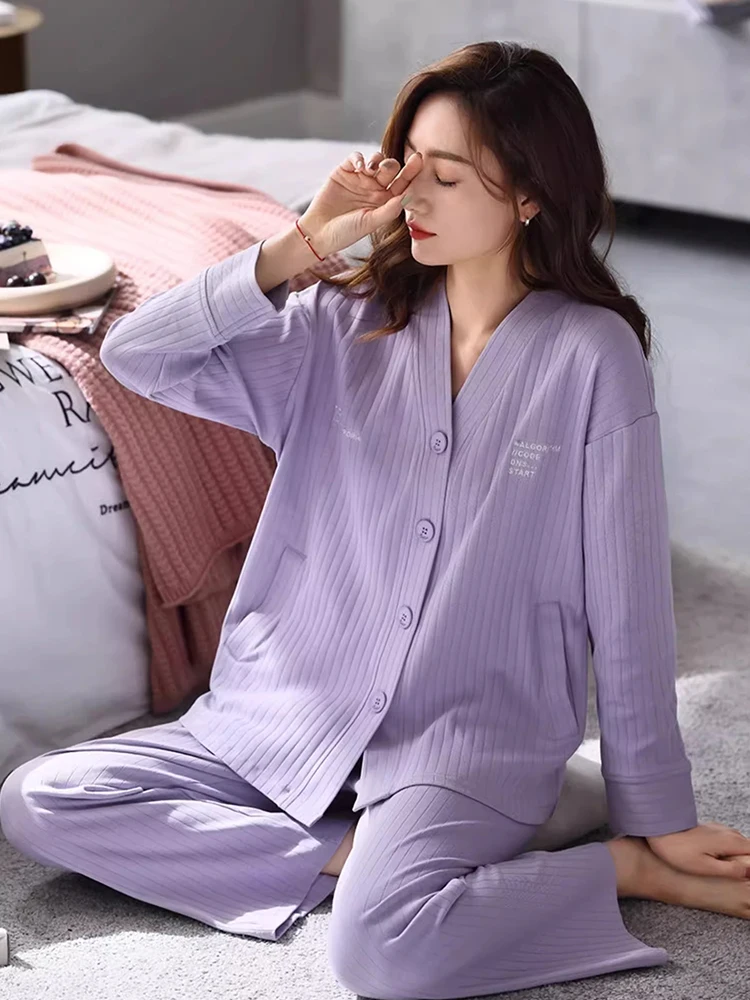 Chrisma &amp Katch Pure Cotton Pajamas Women Spring and Autumn High Sense V-neck Long sleeve Set Embroidered Home Wear