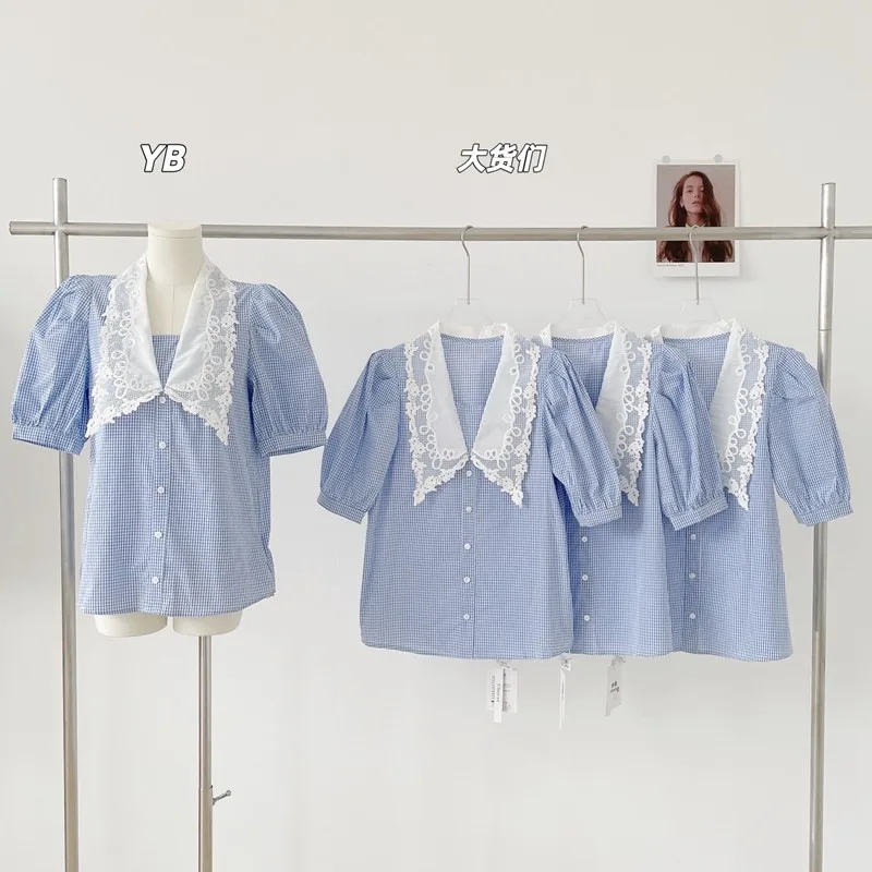 

Summer French Blue Doll Collar Plaid Shirt Women's Design Sense Niche Chic Short Sleeve Top